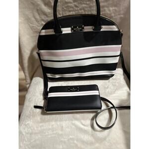 Kate Spade Black and White Striped Handbag with Matching Wallet